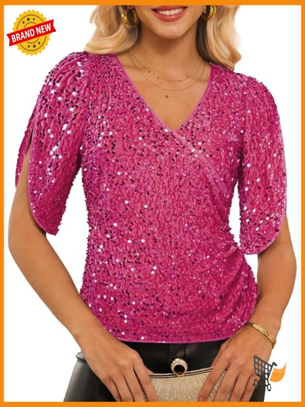 3/4 Sleeve Velvet Sequin V-Neck Blouse Party Top